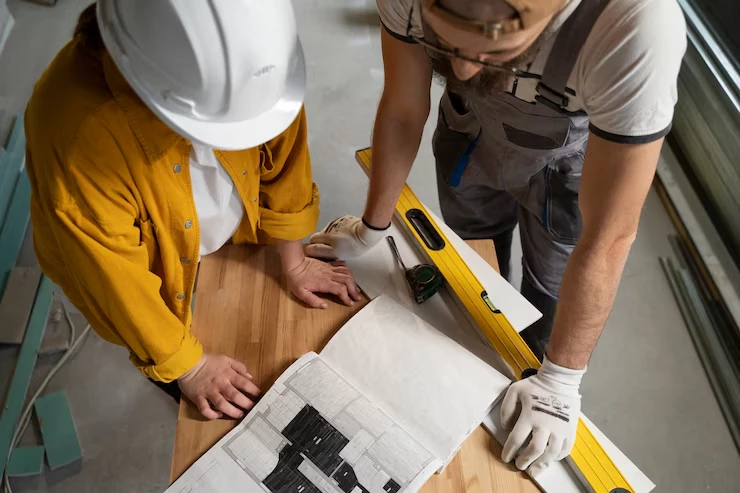 Arquitectos revisando planos sobre terreno en construcción